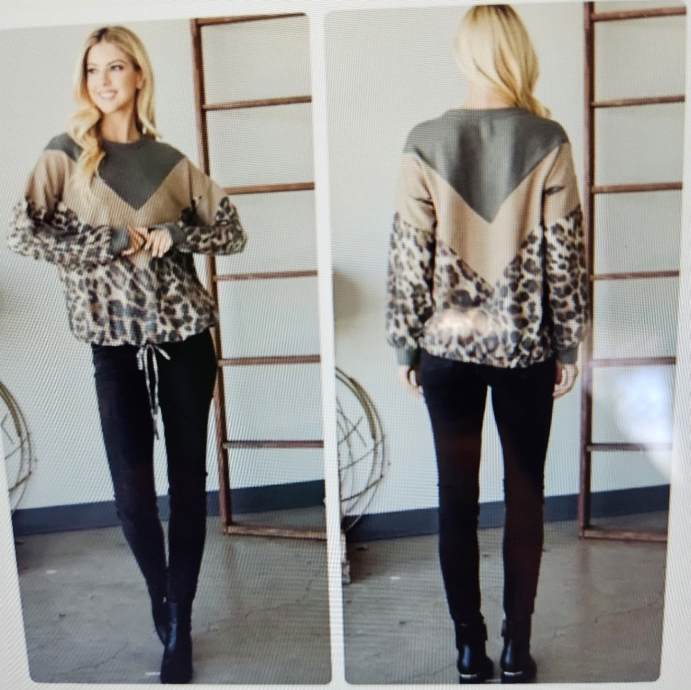 A Girl Thing Long Sleeve Chevron Leopard Top - Olive Green and Brown - Picture 6 of 7